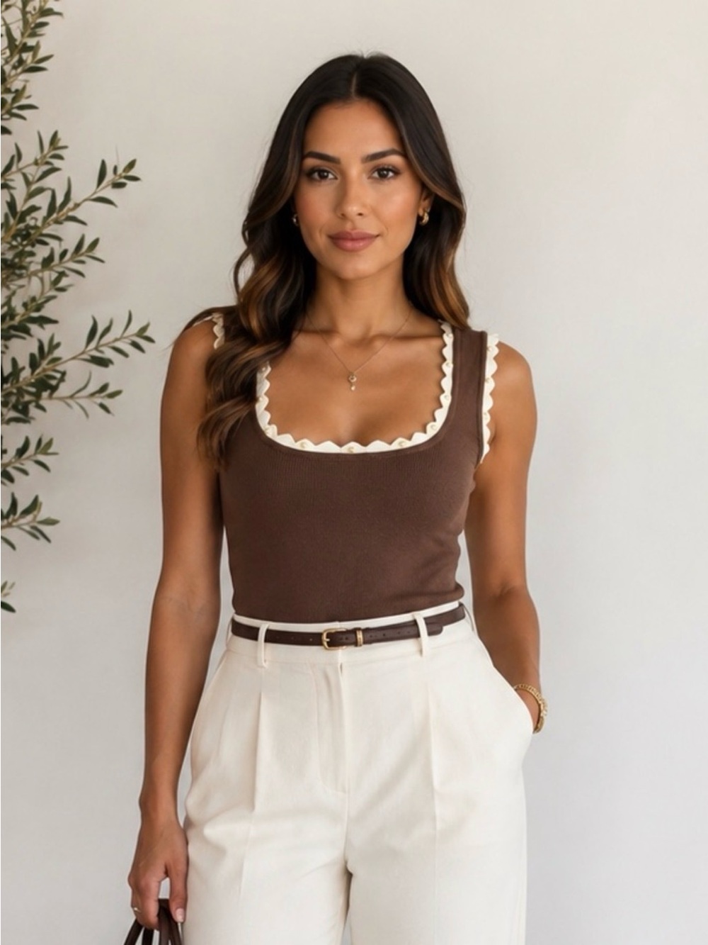 NWT LOVE TREE Chocolate Tank with Cream Scallop Trim + Pearls | Size Small